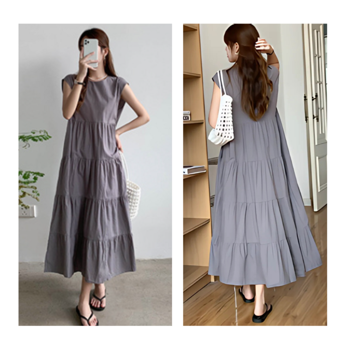 コンストラクティブウェーブワンピース 骨格ウェーブノースリーブラウンドネックティアードロングワンピース