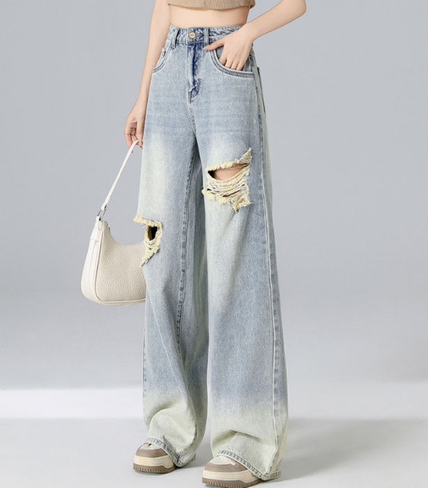 ストレート パンツ ワイド レッグ ダメージ加工 クール ジーンズ ROOMY STRAIGHT MONROE ダメージ加工ルーミーストレートデニム