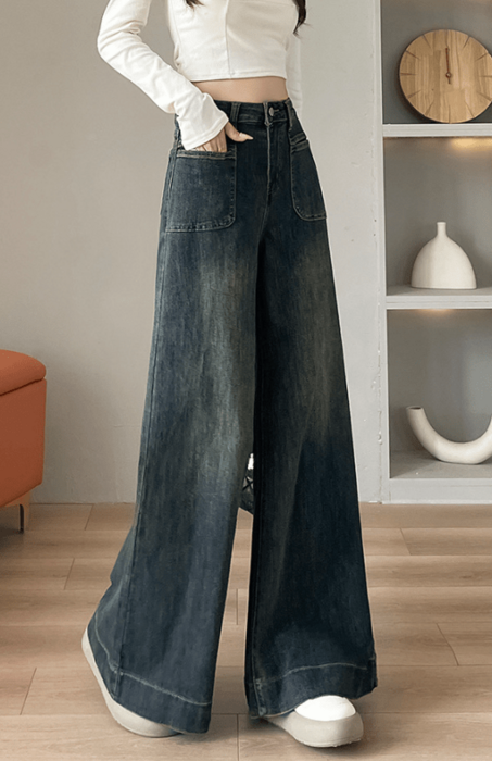 骨格ストレートルーズワイドフレアデニムパンツ デニム