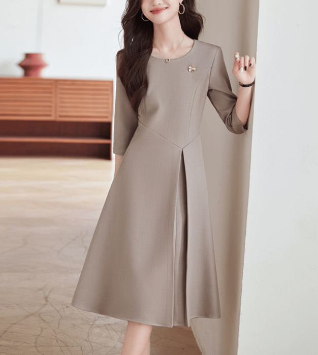 骨格ウェーブ五分袖ウエスト切り替えプリーツAラインワンピース