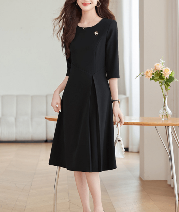 骨格ウェーブ五分袖ウエスト切り替えプリーツAラインワンピース