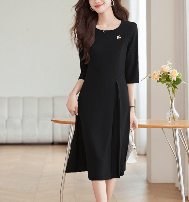 骨格ウェーブ五分袖ウエスト切り替えプリーツAラインワンピース