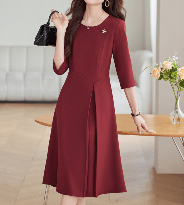 骨格ウェーブ五分袖ウエスト切り替えプリーツAラインワンピース