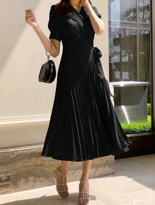 骨格ストレートカシュクールプリーツロングワンピース ロング