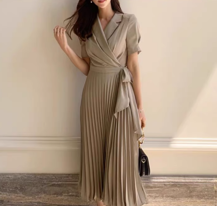 骨格ストレートカシュクールプリーツロングワンピース ロング