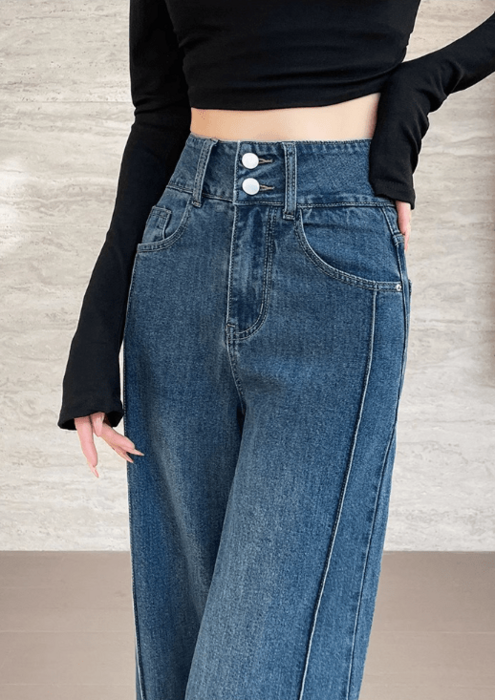 骨格ウェーブダブルボタンサイド切り替えステッチフレアデニムパンツ