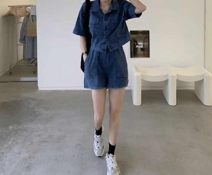 カジュアル セットアップ デニム ジャケット＋ストレートパンツ 骨格ストレートデニムジャケット+パンツセットアップ