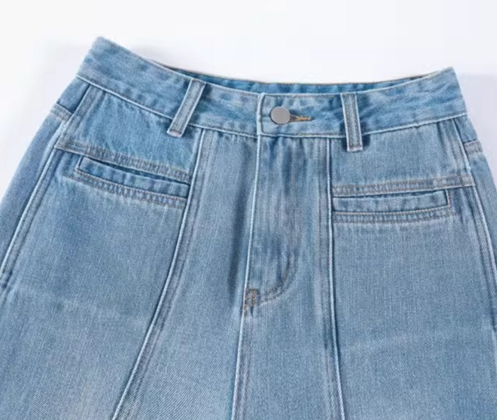 骨格ストレートステッチ切り替えデザインワイドデニム パンツ
