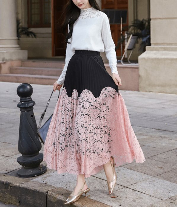 骨格ストレートプリーツ×レース切り替えロングスカート スカート|骨格