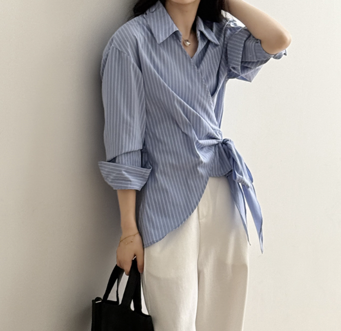 骨スト商品 骨格ストレートカシュクールストライプシャツトップス トップス|骨格