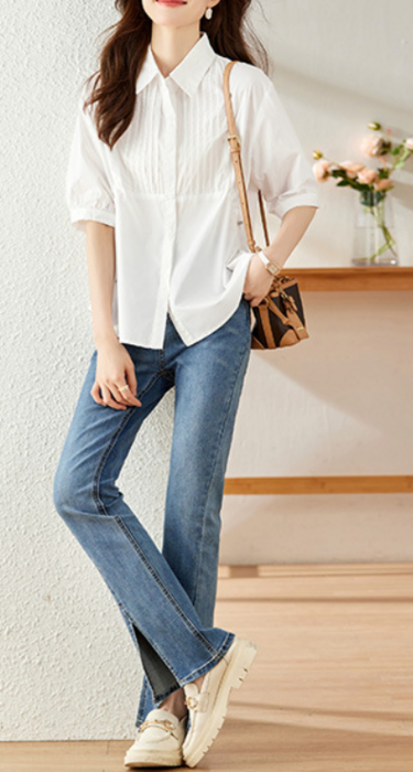 骨格ナチュラルピンタックドロストハーフスリーブシャツ トップス|骨格