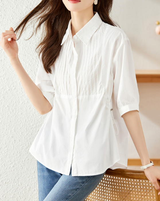 骨格ナチュラルピンタックドロストハーフスリーブシャツ トップス|骨格