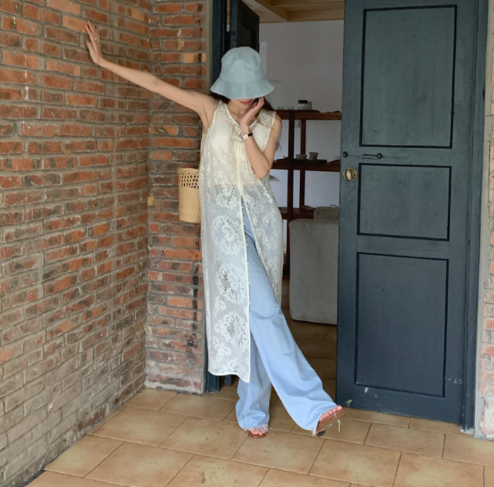 骨格ウェーブレースアップクロシェロングジレ（トップス）｜骨格