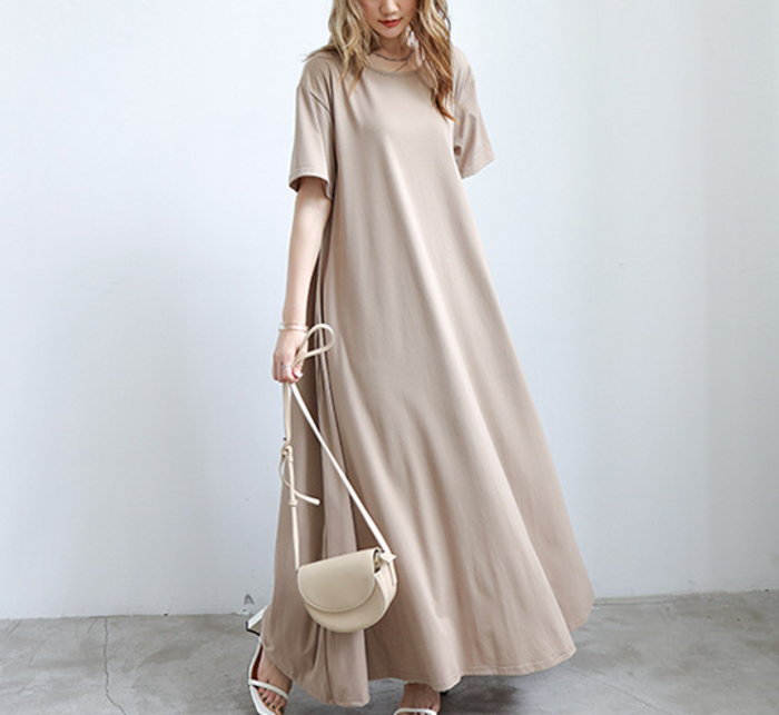 骨格ストレートAラインリラックス半袖スリーブロングワンピース