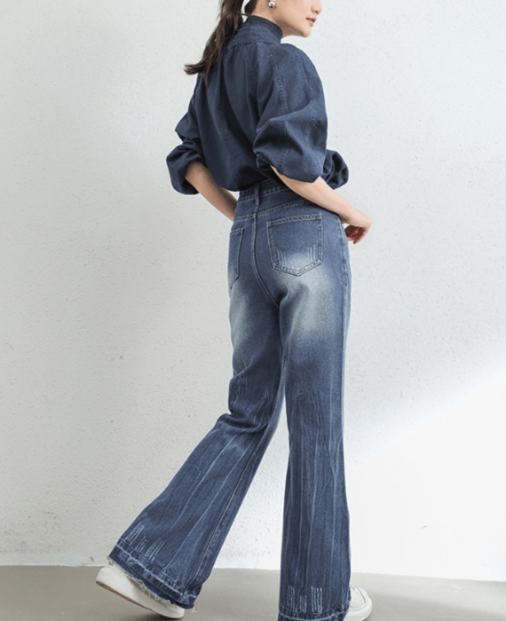 ストレート パンツ ワイド レッグ ダメージ加工 クール ジーンズ ダメージデニムワイドパンツ[qu67] | レディースファッション