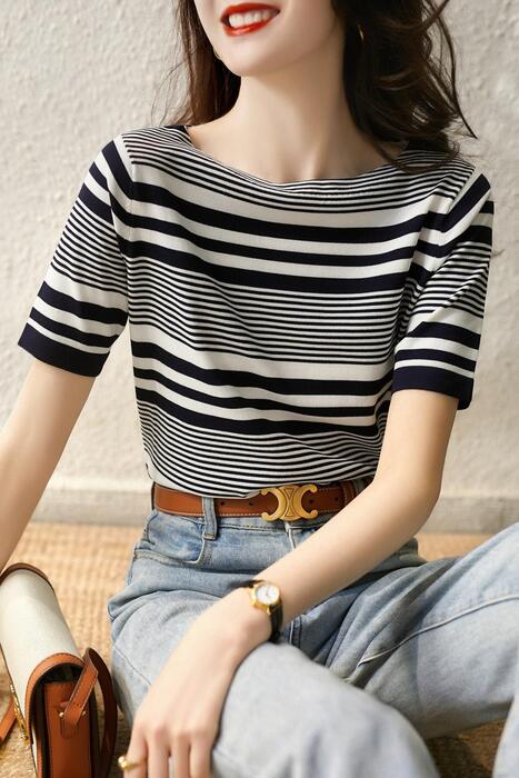 骨格ウェーブ服配色ボーダーTシャツトップス