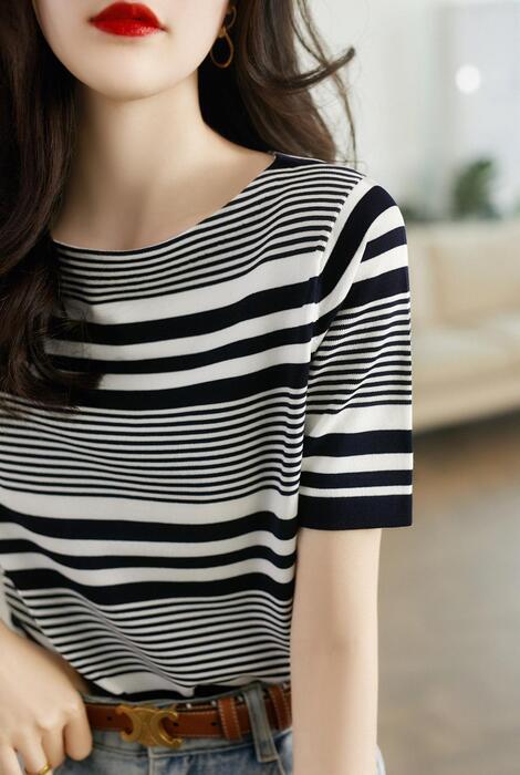 骨格ウェーブ服配色ボーダーTシャツトップス