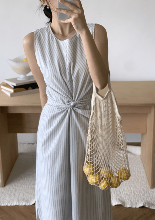 骨格ウェーブストライプウエストリボンノースリーブワンピース