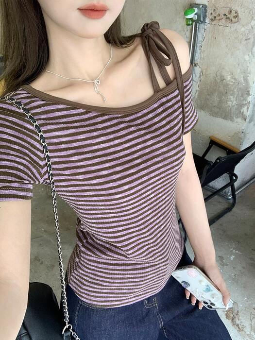 骨格ウェーブストラップオフショルダー半袖Tシャツ