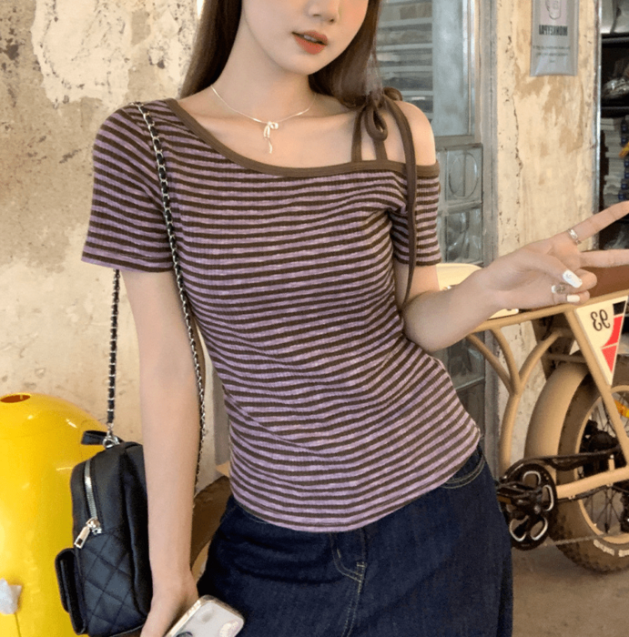 骨格ウェーブストラップオフショルダー半袖Tシャツ