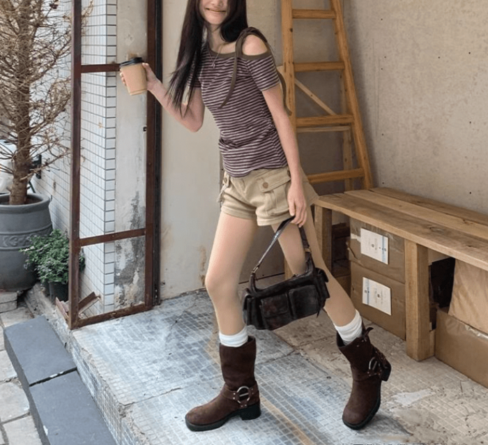骨格ウェーブストラップオフショルダー半袖Tシャツ