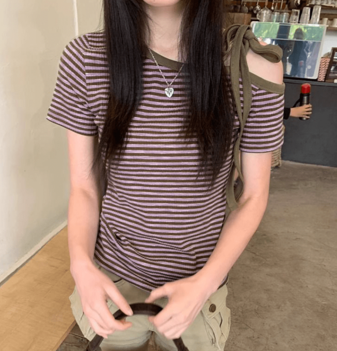 骨格ウェーブストラップオフショルダー半袖Tシャツ