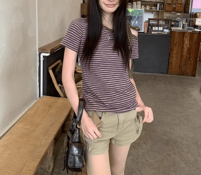 骨格ウェーブストラップオフショルダー半袖Tシャツ