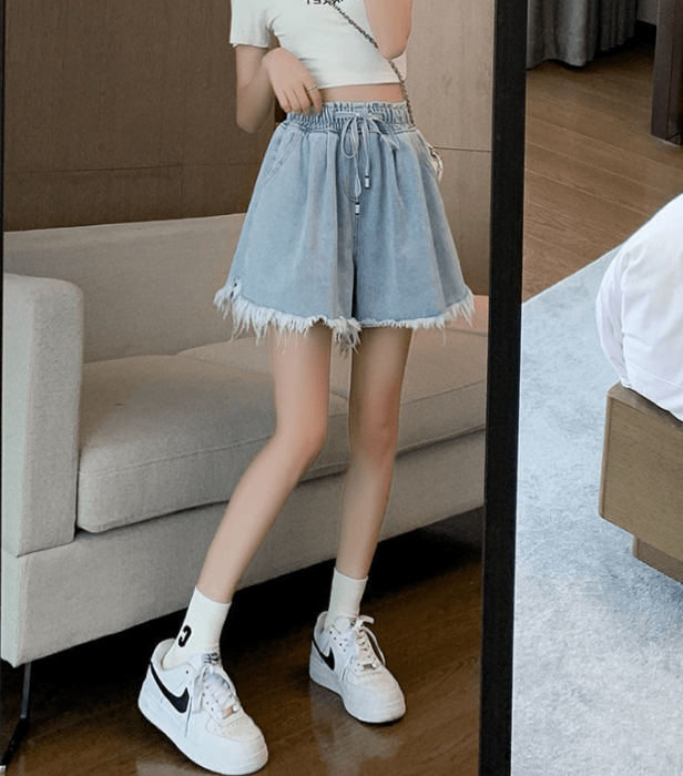 骨格ウェーブドローストリングカットオフショートパンツ