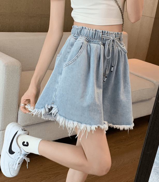 骨格ウェーブドローストリングカットオフショートパンツ