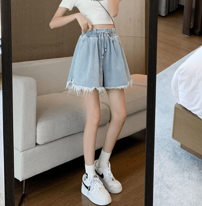 骨格ウェーブドローストリングカットオフショートパンツ