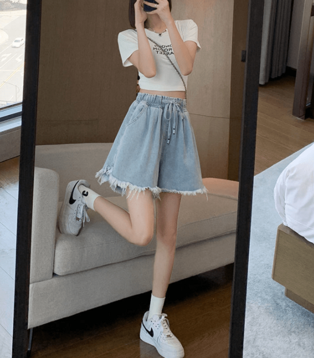 骨格ウェーブドローストリングカットオフショートパンツ