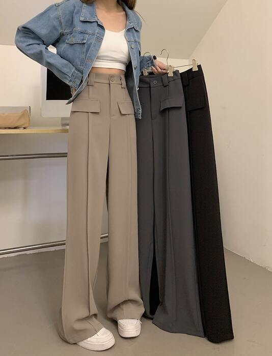 骨格ウェーブフロントフラップポケットワイドパンツ