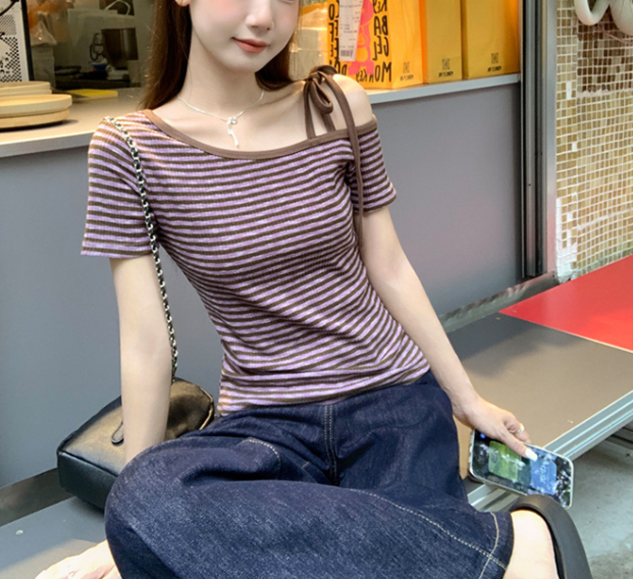 骨格ウェーブストラップオフショルダー半袖Tシャツ