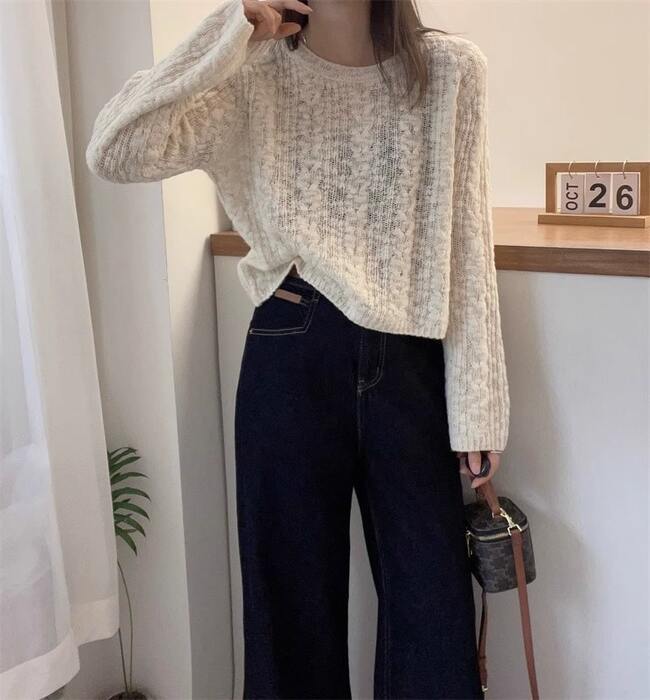 骨格ウェーブクロップケーブルニット