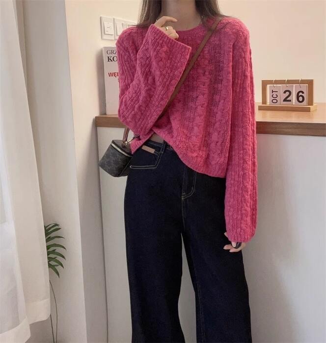 骨格ウェーブクロップケーブルニット