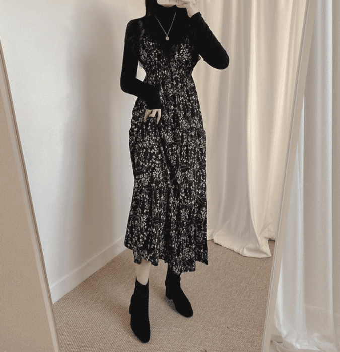 骨格ウェーブ服インナー付き花柄キャミワンピースセットアップ