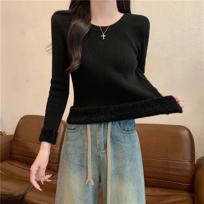 骨格ウェーブラウンドネック裏シャギーニットトップス
