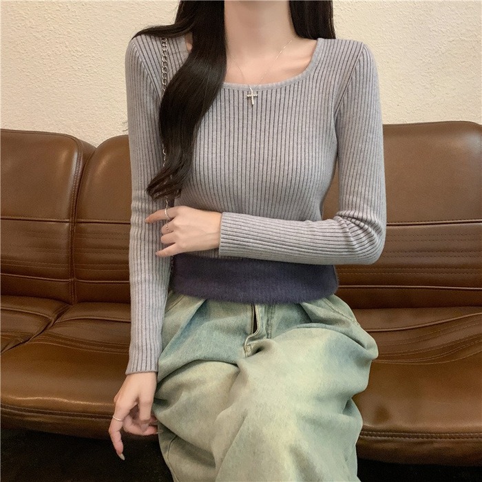 骨格ウェーブ裏起毛スクエアリブニットトップス