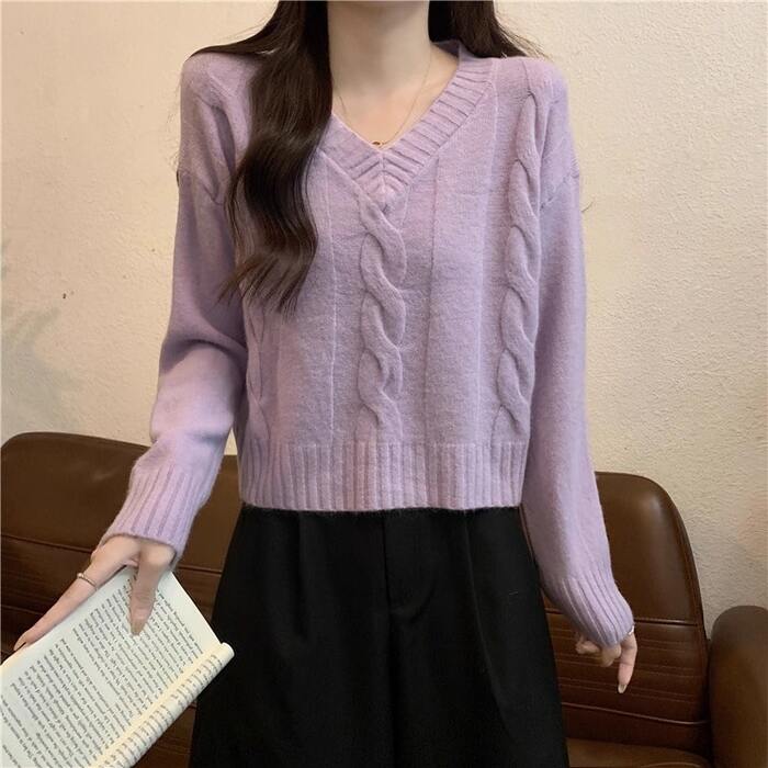 骨格ウェーブVネックケーブル長袖ニット