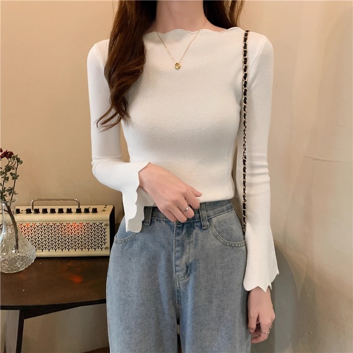 骨格ウェーブスカラップデザインベルスリーブニットトップス