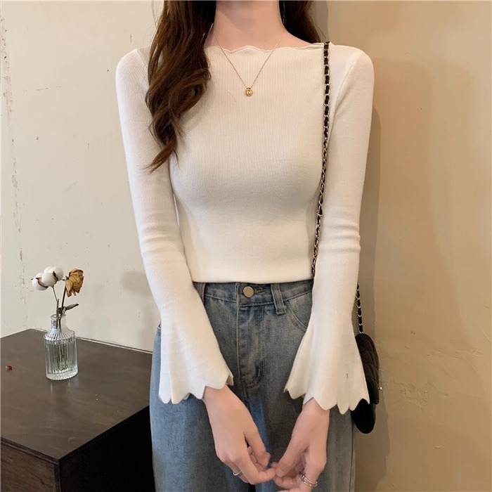 骨格ウェーブスカラップデザインベルスリーブニットトップス