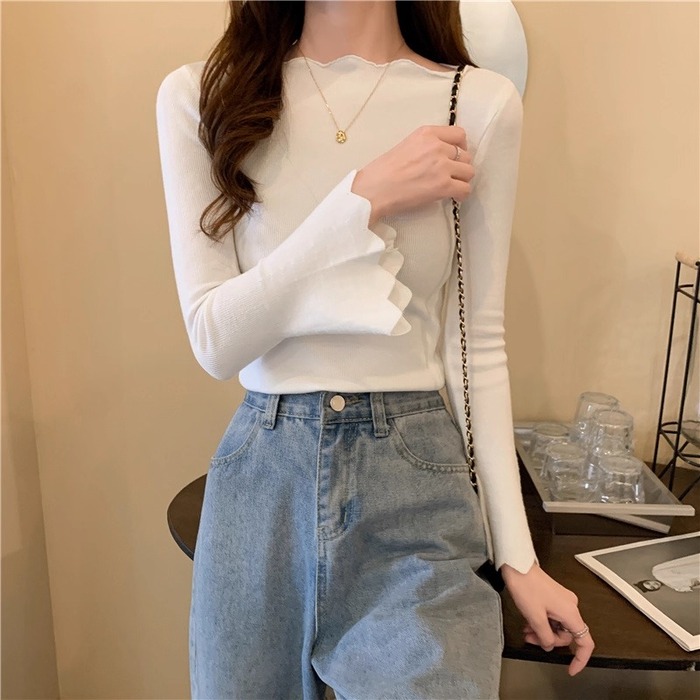 骨格ウェーブスカラップデザインベルスリーブニットトップス