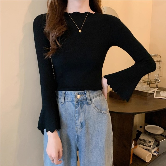骨格ウェーブスカラップデザインベルスリーブニットトップス