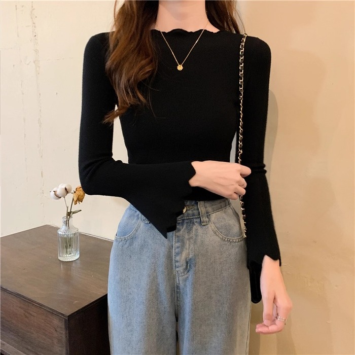 骨格ウェーブスカラップデザインベルスリーブニットトップス