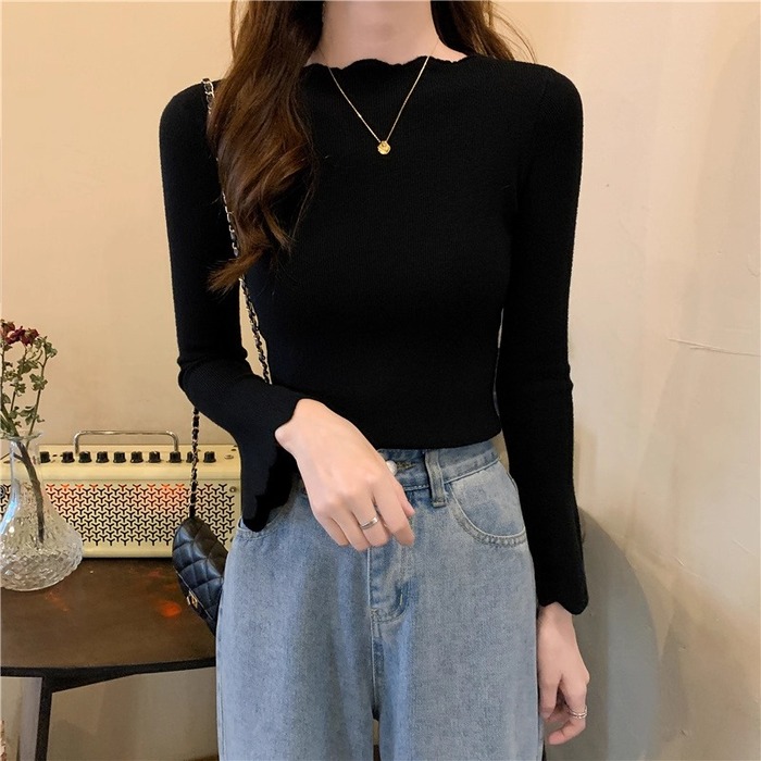 骨格ウェーブスカラップデザインベルスリーブニットトップス