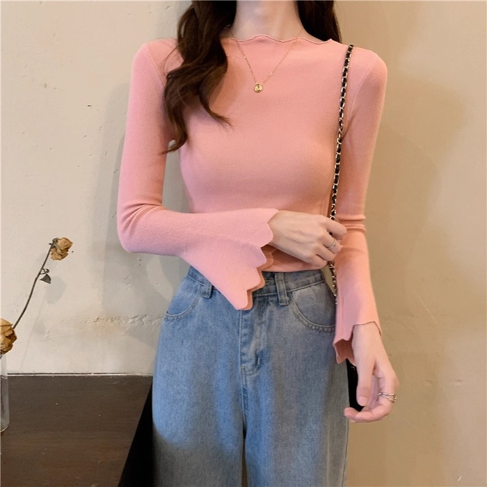 骨格ウェーブスカラップデザインベルスリーブニットトップス