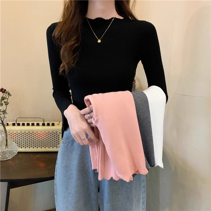 骨格ウェーブスカラップデザインベルスリーブニットトップス