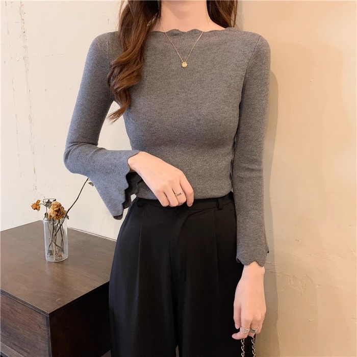 骨格ウェーブスカラップデザインベルスリーブニットトップス