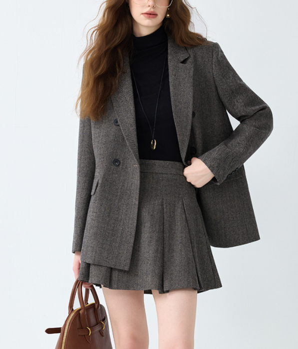 骨格ウェーブテーラード襟ジャケット＋プリーツスカートセットアップ