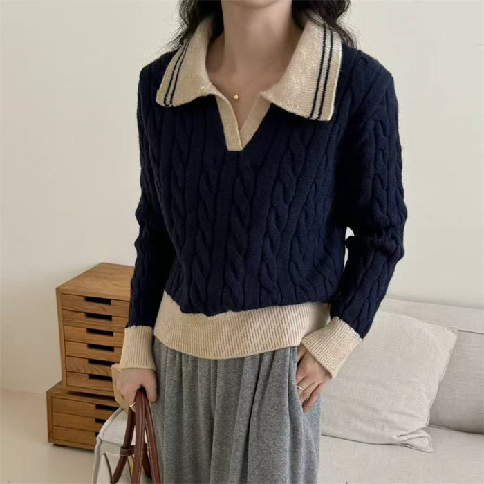 骨格ウェーブポロカラーケーブル編みニットトップス